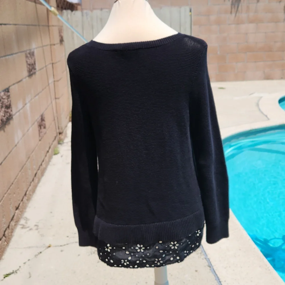 Loft Black Sweater with Eyelet Lace Hem - Size Medium - Picture 5 of 9